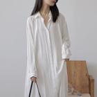 Long-sleeve Plain Midi Shirtdress White - One Size