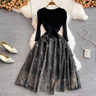 Mesh Panel Butterfly Embroidered Knit Dress