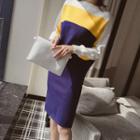 Set : Colour Block Long-sleeve Knit Top + Mini Skirt