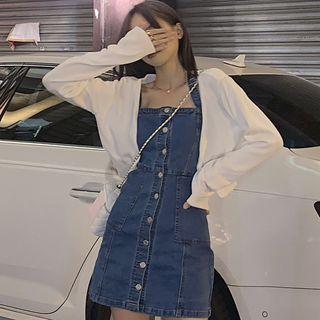 Spaghetti Strap Single-breasted Denim Mini Bodycon Dress / Long-sleeve Cropped Cardigan