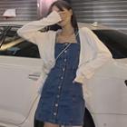 Spaghetti Strap Single-breasted Denim Mini Bodycon Dress / Long-sleeve Cropped Cardigan