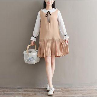 Pleated Hem Mock Two Piece Long Sleeve Dress