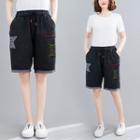 High-waist Applique Denim Straight-cut Shorts