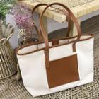 Faux Leather Panel Canvas Tote Bag