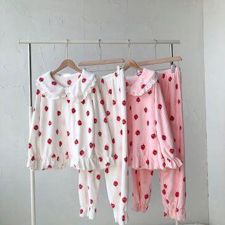 Set:strawberry Print Long-sleeve Top + High-waist Pants