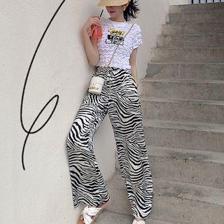 Print Short-sleeve Textured Crop Top / Zebra Print Wide-leg Pants