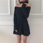 Long-sleeve Off Shoulder Mini Dress Black - One Size
