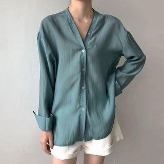 V Neckline Plain Long-sleeve Shirt