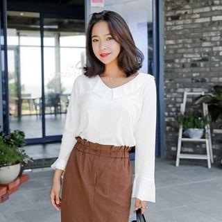 V-neck Collared Flare-cuff Top