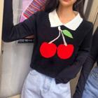 Collared Cherry Cropped Knit Top Black - One Size