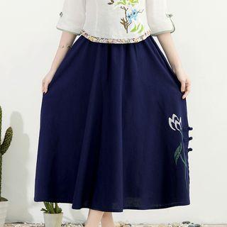 Floral Embroidered A-line Midi Skirt