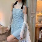 Tie Strap Shirred Dress/ / Long-sleeve Off-shoulder Plain Top