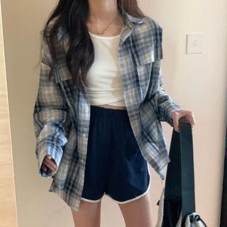 Plain Tank Top / Long-sleeve Plaid Shirt / Contrast Trim Shorts