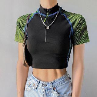 Short-sleeve Striped Panel Half-zip Crop T-shirt