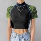 Short-sleeve Striped Panel Half-zip Crop T-shirt