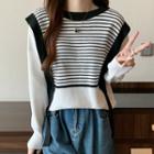 Mock Two-piece Panel Striped Long-sleeve Knit Top