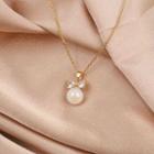 Rhinestone Bow Faux Pearl Necklace 1pc - Dx675 - Gold & Beige - One Size