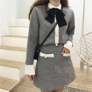 Set: Bow Accent Long-sleeve Knit Top + Pocketed A-line Skirt