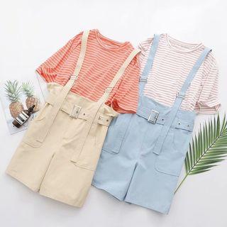 Set: Elbow-sleeve Striped T-shirt + High Waist Suspender Shorts