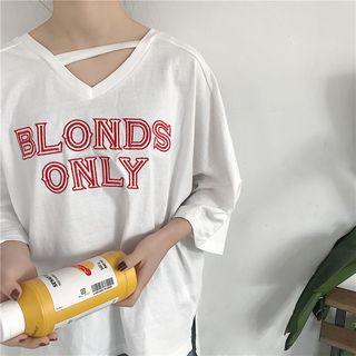 Lettering Elbow-sleeve V-neck T-shirt