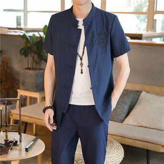 Set: Embroidered Chinese Knot Button Top + Straight Cut Pants