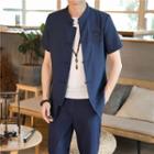 Set: Embroidered Chinese Knot Button Top + Straight Cut Pants