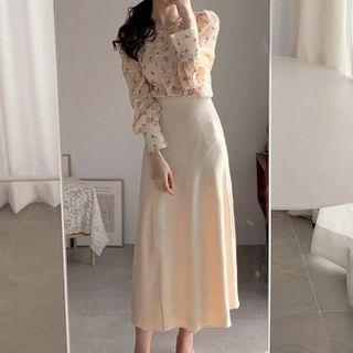 Puff-sleeve Floral Print Blouse / Skirt / Set