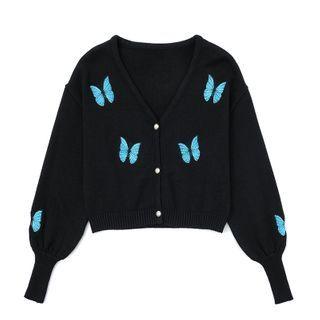 Lantern-sleeve Butterfly Print Cardigan