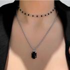 Rectangle Faux Crystal Pendant Layered Choker Necklace A - Detachable - Double Layer Necklace - Black & Silver - One Size