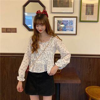 Bell-sleeve Floral Print Blouse Floral - White - One Size