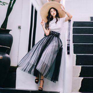 Set: Mock Neck Short-sleeve T-shirt + Mesh A-line Maxi Skirt