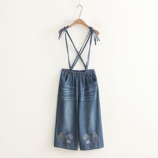 Embroidered Wide Leg Suspender Jeans