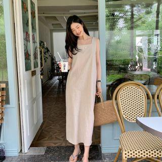 Square Neck Plain Tank Dress Melange Gray - One Size