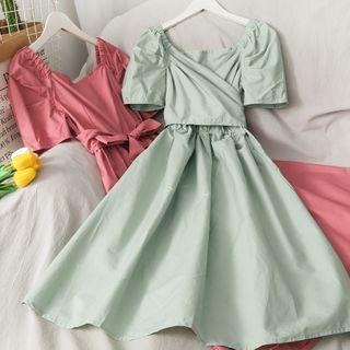 Puff-sleeve Wrapped A-line Dress