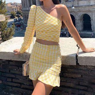 One-shoulder Gingham Cropped Blouse / Ruffle Hem Mini Pencil Skirt