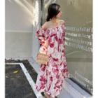 3/4-sleeve Floral Print Frill Trim Midi Dress