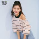 Elbow-sleeve Cut-out Striped T-shirt