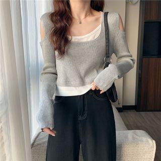 Mock Two Piece Cold Shoulder Knit Top
