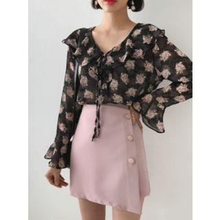 Button-side Asymmetric-hem Mini Skirt