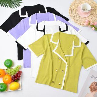 Short-sleeve Contrast Trim Collared Knit Crop Top