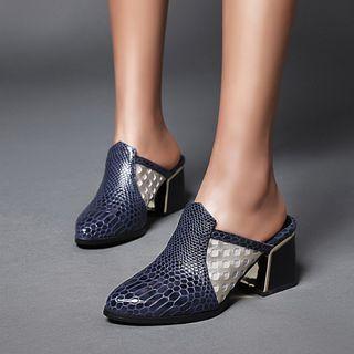 Croc Grain Pointy-toe Chunky-heel Mules