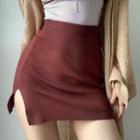 High Waist Plain Slit Mini Fitted Skirt