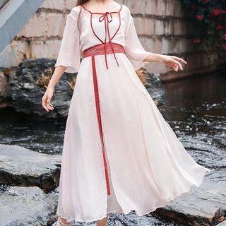 Traditional Chinese 3/4-sleeve A-line Midi Chiffon Dress