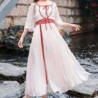 Traditional Chinese 3/4-sleeve A-line Midi Chiffon Dress