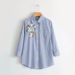 Floral Embroidered Single-breasted Long-sleeved Striped Blouse