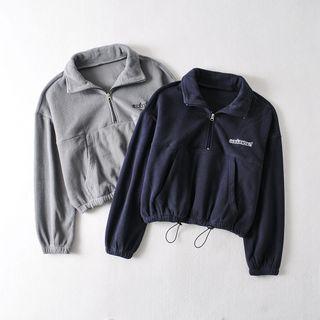 Lettering Drawstring-cuff Cropped Pullover