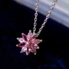 Flower Rhinestone Pendant Sterling Silver Necklace Rose Pink & Silver - One Size