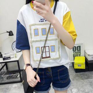 Elbow-sleeve Paneled T-shirt White - One Size
