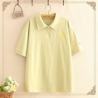 Embroidered Polo-collar Short-sleeve Top