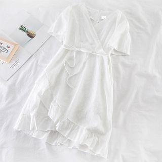 V-neck Short-sleeve Dress White - One Size